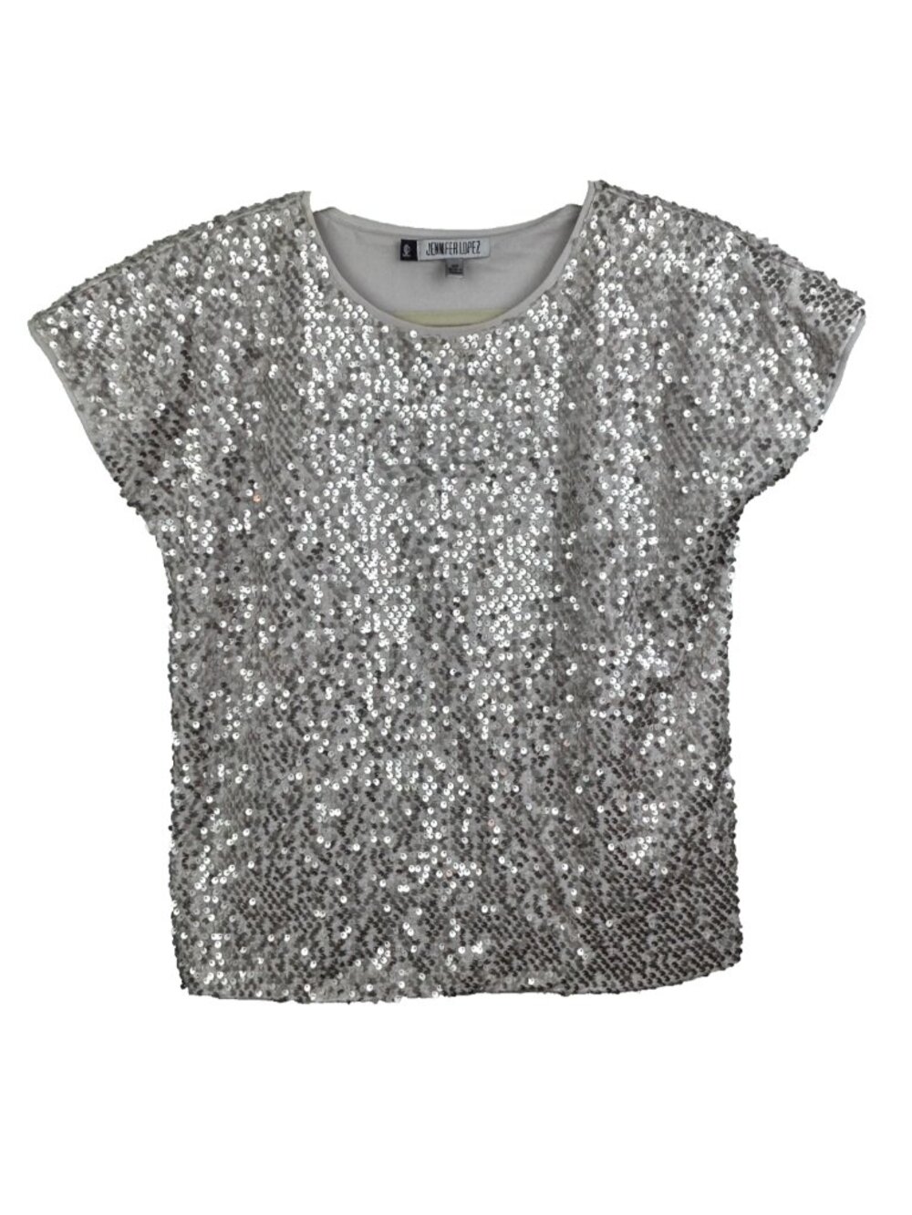 Jennifer Lopez Vintage Y2K Sequin Short Sleeve Top Silver Shiny Going Out XS EUC